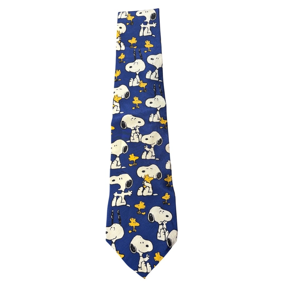 Vintage Peanuts Snoopy & Woodstock 100% Silk Necktie Blue‎